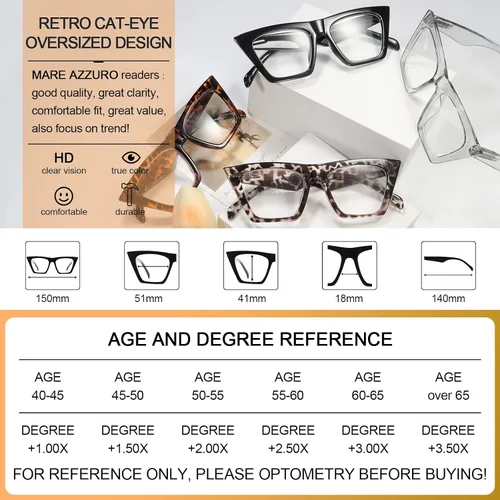 Miniatura 5 de MARE AZZURO Gafas de lectura de gran tamaño para mujer, lectores de ojo de gato 1.0 1.25 1.5 1.75 2.0 2.25 2.5 2.75 3.0 3.5 4.0 5.0 6.0
