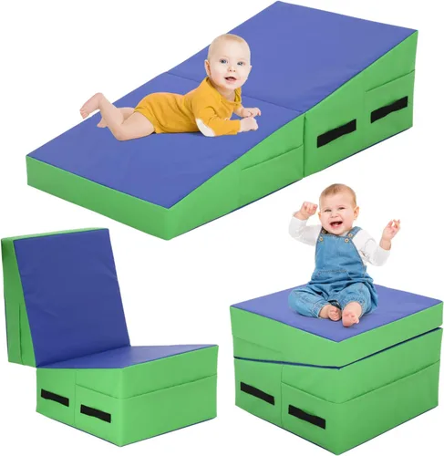 BLKMTY Colchoneta de gimnasia inclinada para niños, 34 x 24 pulgadas, tapete plegable de cuña de queso para niños, tapete de yoga para hacer azul y