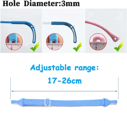 Miniatura 7 de Correa ajustable para lentes para niños, 5 piezas, retenedor de anteojos sin cola, banda para lentes para patillas con agujero
