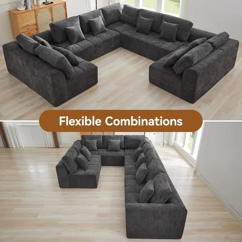 Miniatura 5 de Sofás modulares deshuesados de 140 pulgadas para sala de estar, sofá modular modular de nube comprimida, sofá moderno en forma de U de 9 plazas Gris