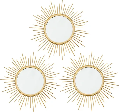 Juego de 3 espejos metálicos para pared con diseño de rayos de sol para decoración del hogar, obra de arte para pared de sala de estar, dormitorio,