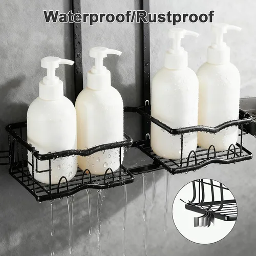 Miniatura 5 de Organizador colgante de ducha, resistente al óxido, con ganchos para afeitar/esponja, estantes de baño sin perforaciones, estantes de almacenamiento