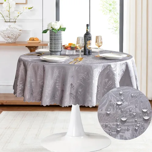Miniatura 56 de Mantel redondo de tela de 60 pulgadas, mantel con diseño de hojas, borde festoneado, mantel sedoso, impermeable, resistente a las arrugas, lavable