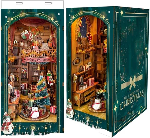 Miniatura 9 de Kit de rincón de libros de bricolaje, decoración de estantería de librería, rompecabezas de madera 3D con LED, regalo de Halloween, Navidad