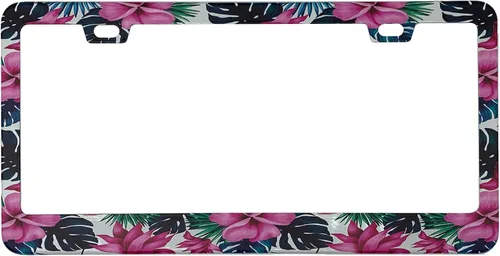 Miniatura 12 de Marco de placa de matrícula con hojas de palma, color rosa y azul, estilo bohemio, con temática hawaiana tropical, de acero inoxidable