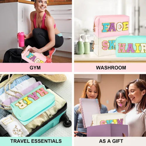 Miniatura 7 de Bolsa de maquillaje de chenilla, 3 piezas, de piel sintética, impermeable, con parches de cremallera de nailon, organizador de maquillaje, para mujer