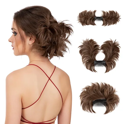 Miniatura 10 de Postizo de Cabello de Moño Despeinado con Peine Lateral Clip en Postizo de Moño para Mujeres Corto Natural Liso Versátil Estilos Ajustables Piezas