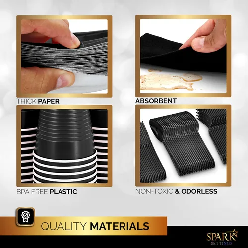 Miniatura 2 de Juego de suministros negros para fiestas, platos de papel, vasos de plástico, tenedores, cuchillos, cucharas, servilletas, mantel para 20 invitados