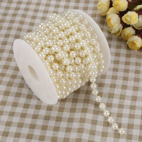 Miniatura 8 de 32.8 ft/roll 0.315 in Línea de Algodón Artificial Perlas Perlas Cadena Cadena Guirnalda Flores Decoración de la Boda Artesanía Perla Cadena (Beige)