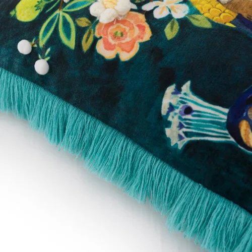 Miniatura 6 de JWH Funda de almohada con estampado de flores de pavo real azul y verde, funda de almohada decorativa de chenilla con borlas para cama, sala