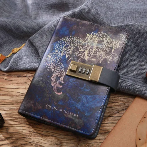 Miniatura 2 de CAGIE Diario con cerradura A6 pequeño diario de bloqueo para adultos, carpeta de piel sintética, 6 anillos, dragón, 6.9 x 4 pulgadas
