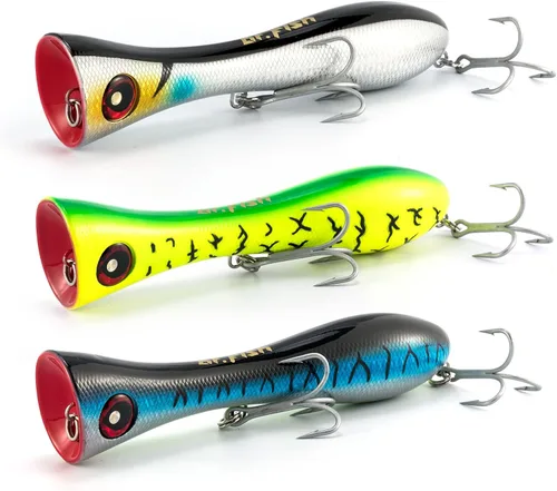Miniatura 14 de Dr.Fish Topwater Popper Señuelos de pesca de agua salada, 8 pulgadas GT Popper VMC anzuelos agudos señuelos de pesca de surf para Striper Atún