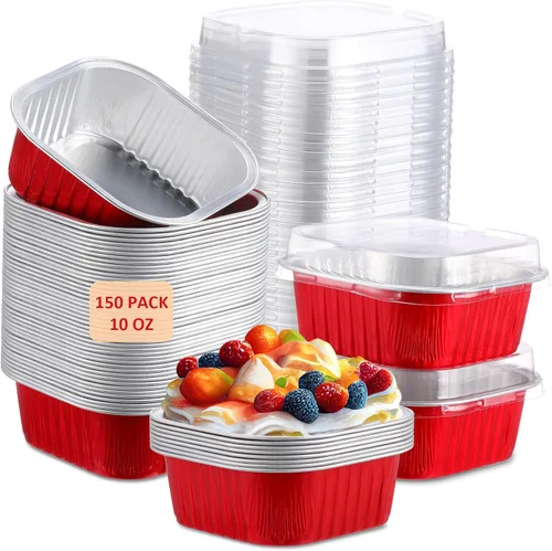 Miniatura 10 de Aoriher 150 piezas de moldes mini para pasteles de 10 onzas con tapas, tazas de horneado de papel de aluminio cuadradas desechables de 4" x 4