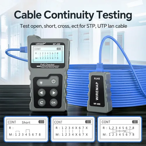 Miniatura 5 de NOYAFA NF-488 - Probador de cable POE para alimentación sobre Ethernet, comprobación de continuidad de cable de red, detector de bucle invertido POE