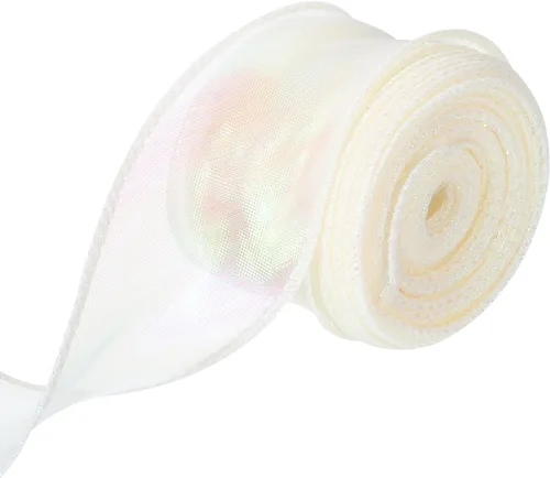 Miniatura 38 de MECCANIXITY - Cinta de organza con cable de 1 1/2" de ancho, brillante, transparente, con brillo irisado en tonos pastel, cinta de gasa para Beige