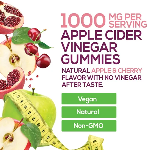 Miniatura 3 de Gomitas de vinagre de sidra de manzana, 1000 mg por porción, suplemento de vitaminas ACV sin azúcar, vitamina B12 y B6 para energía, soporte