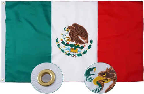 Miniatura 8 de SYII Bandera mexicana de 3 x 5 pies para exteriores, bordadas con 2 ojales de latón y rayas cosidas, poliéster 210D resistente