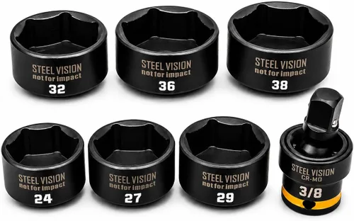Steel Vision Juego de 7 piezas de vasos de filtro de aceite de perfil bajo, kit de herramientas de extracción de tapa de filtro de aceite de 3/8