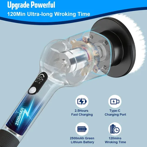 Miniatura 3 de Limpiador eléctrico giratorio, cepillo de limpieza inalámbrico con 8 cabezales de cepillo reemplazables, limpiador de potencia de 360° para bañera