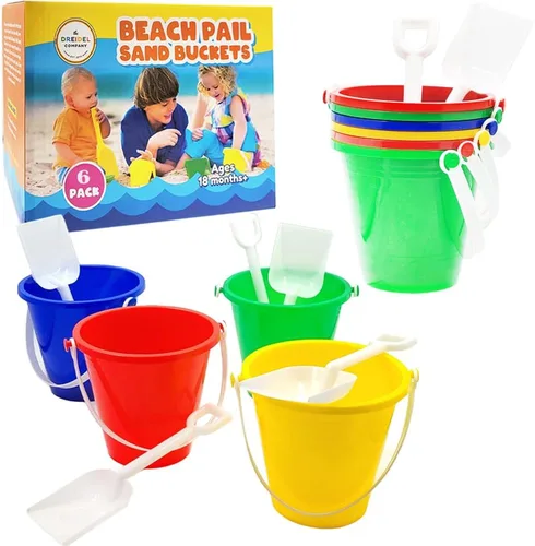 The Dreidel Company Juego de juego para el día de playa (paquete de 6) cubo de arena de 5.25 pulgadas, caja incluida, cubo y pala de juguete de
