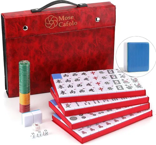 Mose Cafolo Set de Juego de Mahjong Chino Profesional, 146 Fichas Numeradas de Gran Tamaño con Estuche de Viaje, Set Completo de Fichas de Mahjong