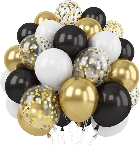 Globos negros y dorados, 60 paquetes de globos de látex de 12 pulgadas, color negro, blanco y dorado, globos metálicos de confeti, decoración de