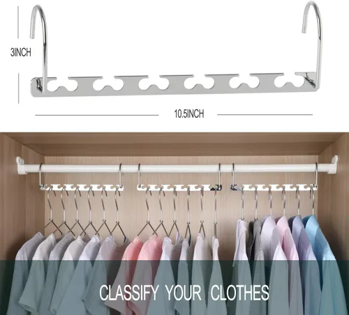 Miniatura 4 de Meetu - Perchas de ahorro de espacio multi funcionales para ropa de acero inoxidable, 6 x 2 ranuras para colgar en cascada, gancho actualizado
