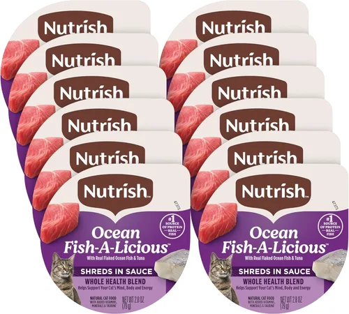 Nutrish Ocean Fish-A-Licious - Alimento húmedo sin granos para gatos, mezcla de salud completa con pescado marino en copos reales y atún en salsa,