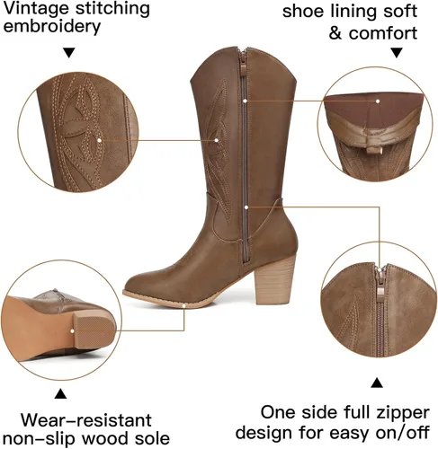 Miniatura 3 de SHIBEVER Botas vaqueras para mujer Medio Botas vaqueras negras de pantorrilla ancha con bordado occidental de tacón alto con punta redonda