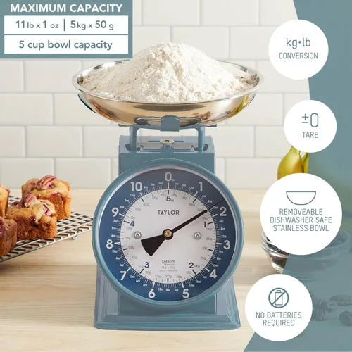 Miniatura 2 de Báscula de cocina mecánica Taylor para pesar alimentos con tazón, pesa hasta 11 libras, mide en gramos y onzas, básculas de alimentos para cocina