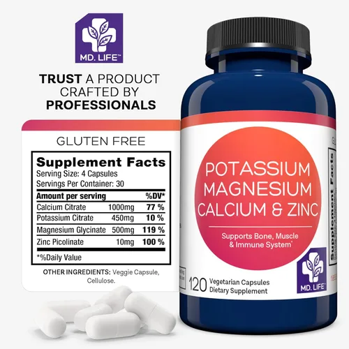 Miniatura 6 de MD. Life Suplemento de potasio, magnesio y zinc y calcio, 120 cápsulas, suplemento de potasio y magnesio y zinc, apoya la salud ósea y la salud