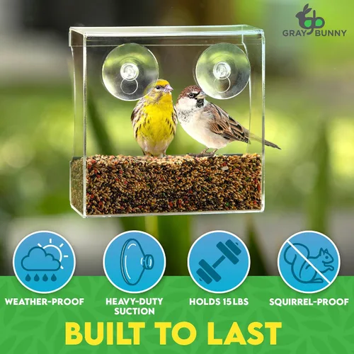 Miniatura 5 de Comedero para pájaros con ventana transparente - Comedero premium para exteriores con fuertes ventosas, agujeros de drenaje y gran capacidad