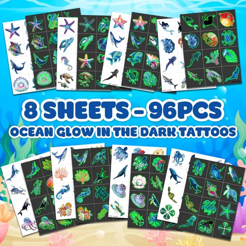 Miniatura 3 de 96 piezas de tatuajes temporales luminosos precortados con temática de océano, decoración de fiesta de cumpleaños, suministros de decoración que
