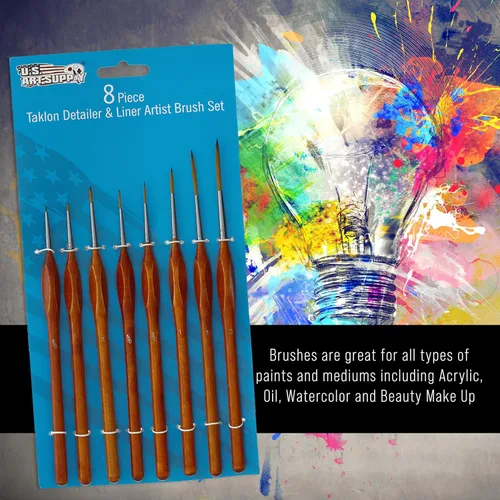 Miniatura 3 de U.S. Art Supply Juego de 8 pinceles Taklon con detalles y delineadores con mango de agarre cómodo de madera, arte, detalles, acrílico, óleo, acuarela