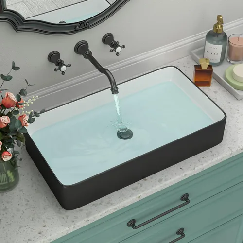 Miniatura 3 de Fregadero de baño de porcelana de cerámica rectangular de 24 x 14 pulgadas sobre mostrador, lavabo de arte blanco y negro