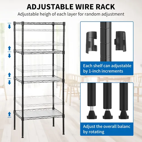 Miniatura 4 de Estantería de alambre de altura ajustable con revestimientos para estantes, estantes de almacenamiento de metal de 4 niveles, estantes de Negro