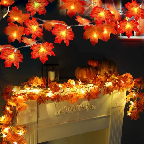 TURNMEON Paquete de 2 decoraciones de Acción de Gracias con hojas de arce agrandadas, luces totales de 20 pies y 40 LED, decoraciones de otoño para