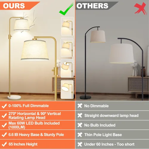 Miniatura 2 de Nintiue Lámpara de pie dorada regulable, bombilla LED Edison de 1000 lm incluida, lámparas de pie de arco para sala de estar con base de mármol