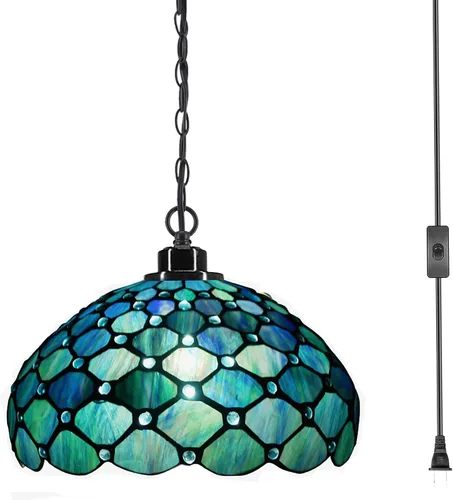 Lámpara Colgante Tiffany con Enchufe de Vidrio Emplomado Swag 12X12X181 Pulgadas Lámpara Colgante (Perla Azul Mar para Comedor y Sala de Estar |