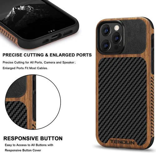 Miniatura 5 de TENDLIN Compatible con iPhone 13 Pro Max, funda de grano de madera con textura de fibra de carbono, funda híbrida de cuero compatible con iPhone 13