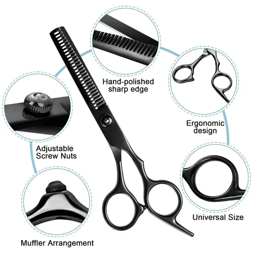 Miniatura 5 de Juego de 11 tijeras profesionales para el cabello, suministros de peluquería de acero inoxidable, incluyendo tijeras rectas, tijeras para adelgazar