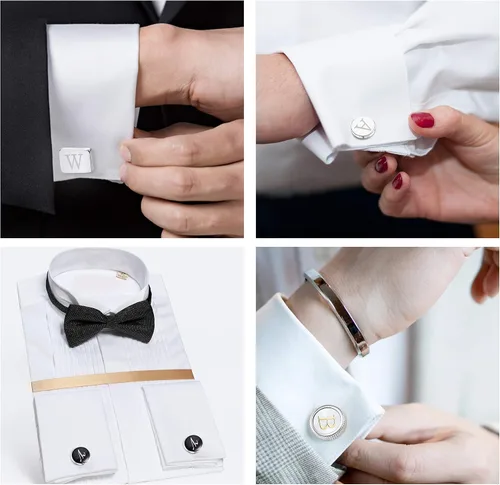 Miniatura 7 de LOYALLOOK 4 pares de gemelos con inicial para hombre, diseño de letras, diseño de alfabeto, para negocios, boda, día del padre