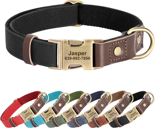 Miniatura 14 de Collares personalizados de piel sintética suave con nombre de mascota y número de teléfono para perros medianos, collares ajustables y duraderos