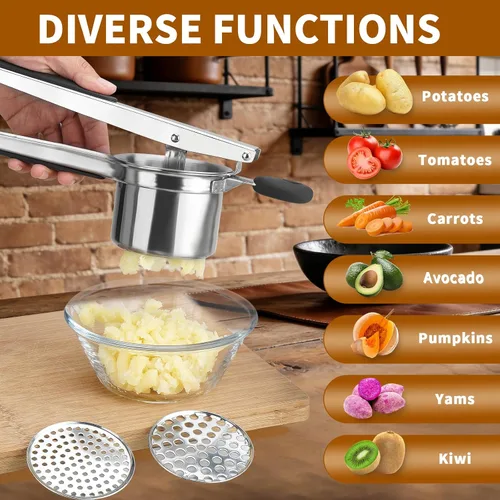 Miniatura 3 de Ricer de patatas de 15 onzas, acero inoxidable resistente, 3 discos intercambiables, triturador de papas con mango de silicona, prensa de papas