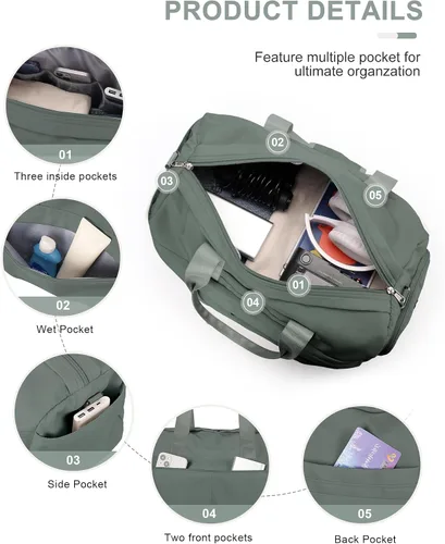 Miniatura 4 de Bolsa de gimnasio para mujer, bolsa de mano para fin de semana, bolsas de viaje para hombres con funda para carrito, A3-Verde ejército, Campañas