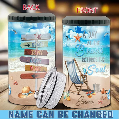 Miniatura 2 de Dorris A Day At The Beach Restore The Soul Can - Vaso enfriador de latas con nombre personalizado 4 en 1 con aislamiento de 16 onzas con tapa, Playa