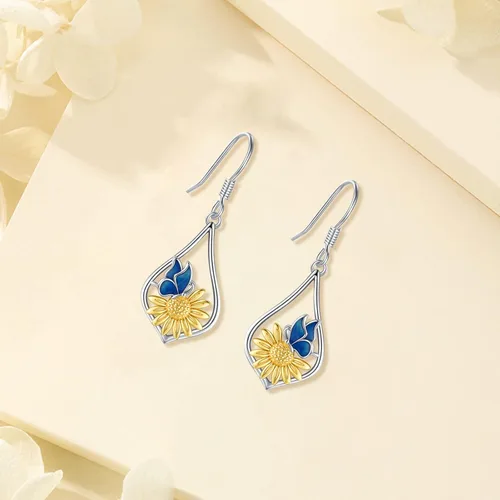 Miniatura 9 de Aretes colgantes de plata de ley con diseño de árbol de la vida, flor, abeja, animales, gato, colibrí, piedra lunar, turquesa, aretes con cierre