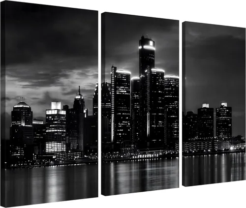 Miniatura 23 de NAN Wind Detroit Skyline - Lienzo decorativo para pared, paisaje urbano, escena nocturna, impresión artística de ciudad en blanco y negro sobre