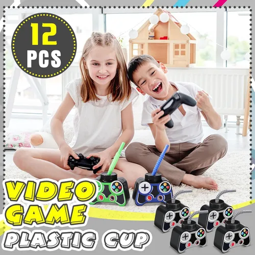 Miniatura 5 de Mifoci Vasos de plástico para fiestas de videojuegos, 12 unidades, con popote y tapa, 10 onzas, tazas temáticas de cumpleaños para jugadores, Gris