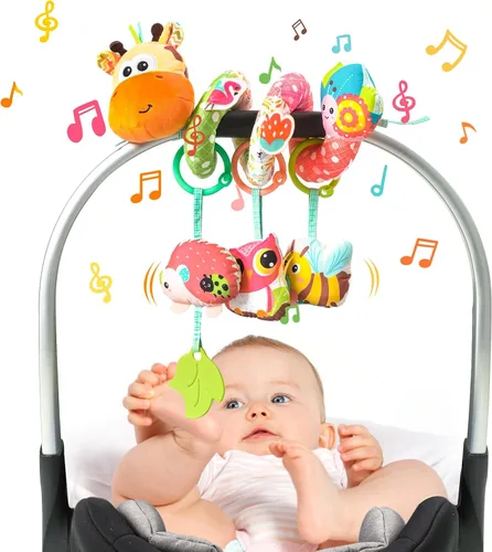 Jollybaby Cochecito de cuna, juguetes para asiento de automóvil para bebé de 0-3-6-9-12 meses, juguetes sensoriales colgantes para recién nacido con